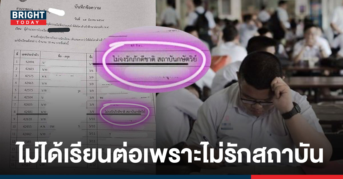 เด็กนักเรียนชั้น ม.3 ถูกตัดโควตาการศึกษาต่อชั้น ม.4 เพราะ “ไม่จงรักภักดีต่อสถาบัน”