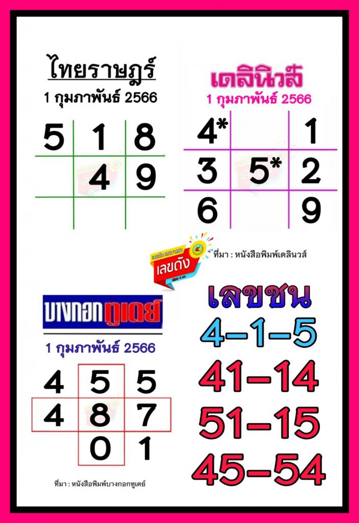 เลขเด็ด หวยเดลินิวส์ หวยบางกอกทูเดย์ เลขชน หวยงวดนี้ 1 2 66